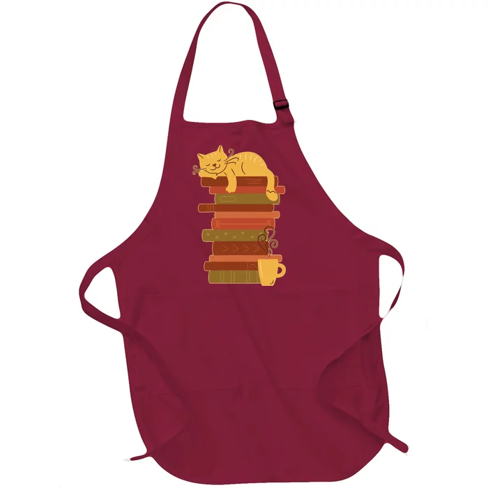 Cute Sleepy Cat On Book Stack And Coffee Tea Full-Length Apron With Pocket