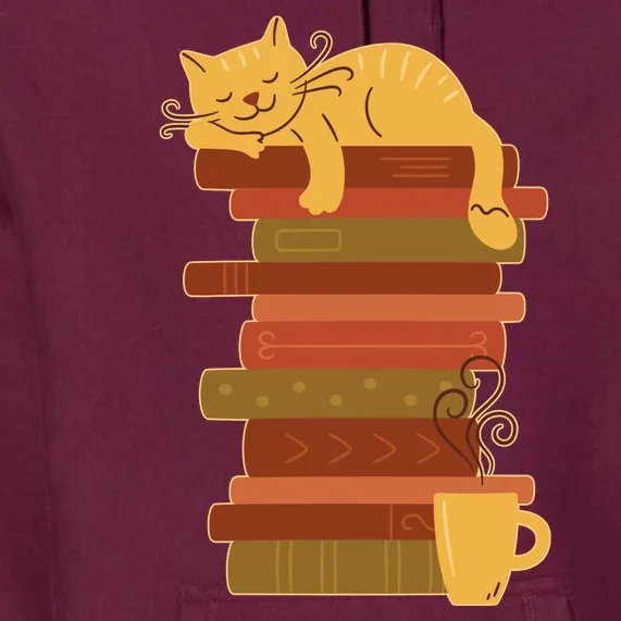 Cute Sleepy Cat On Book Stack And Coffee Tea Premium Hoodie