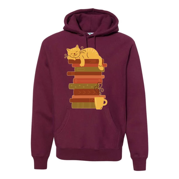 Cute Sleepy Cat On Book Stack And Coffee Tea Premium Hoodie