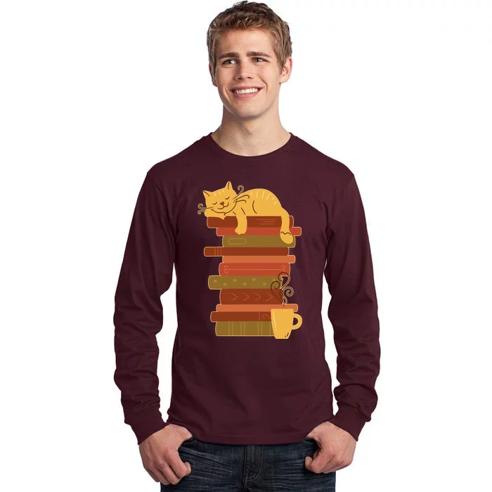 Cute Sleepy Cat On Book Stack And Coffee Tea Tall Long Sleeve T-Shirt