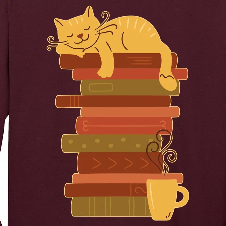 Cute Sleepy Cat On Book Stack And Coffee Tea Tall Long Sleeve T-Shirt