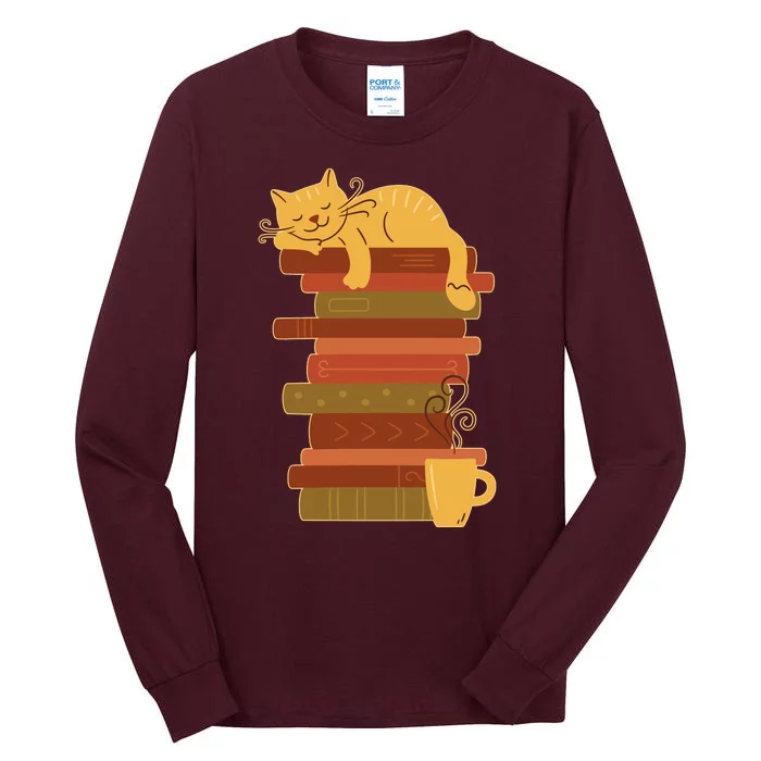 Cute Sleepy Cat On Book Stack And Coffee Tea Tall Long Sleeve T-Shirt