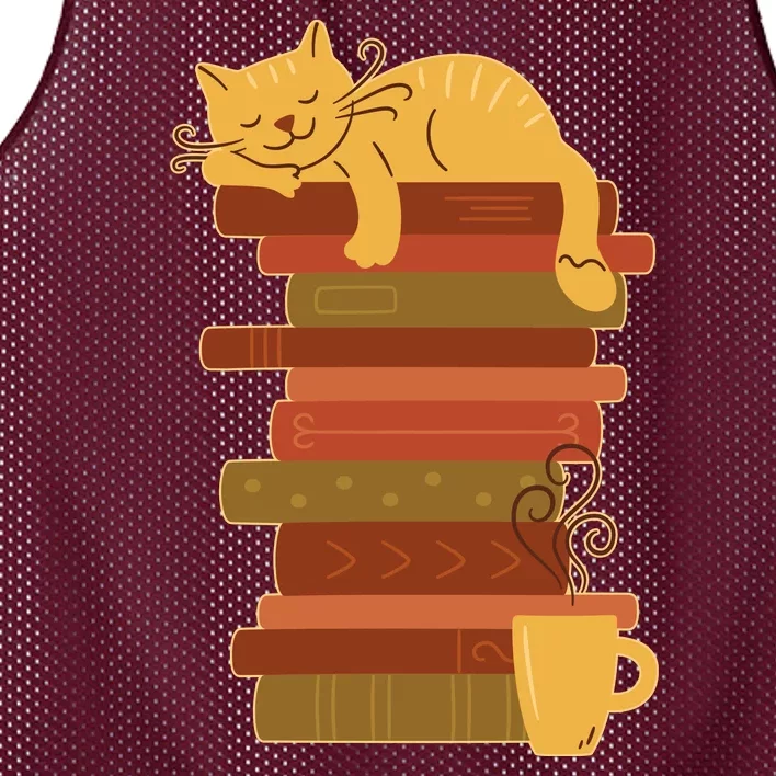 Cute Sleepy Cat On Book Stack And Coffee Tea Mesh Reversible Basketball Jersey Tank