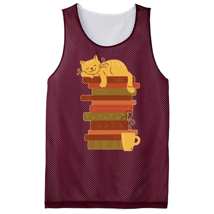 Cute Sleepy Cat On Book Stack And Coffee Tea Mesh Reversible Basketball Jersey Tank