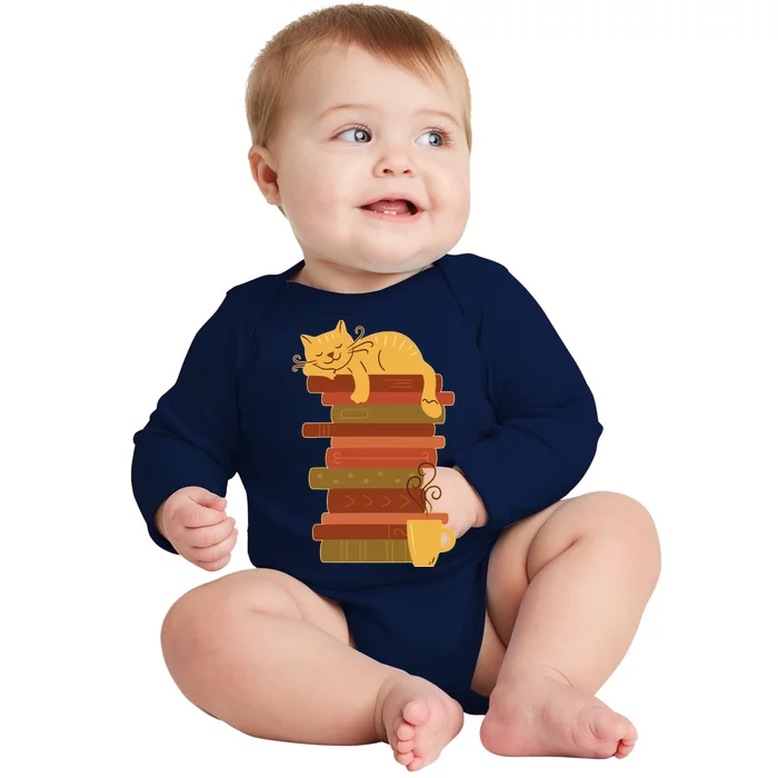 Cute Sleepy Cat On Book Stack And Coffee Tea Baby Long Sleeve Bodysuit