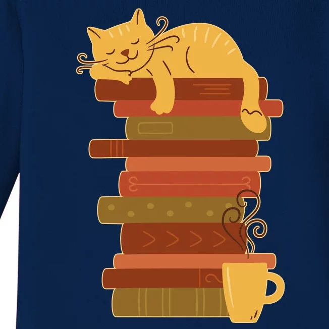 Cute Sleepy Cat On Book Stack And Coffee Tea Baby Long Sleeve Bodysuit