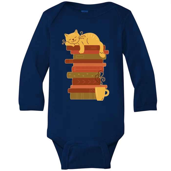 Cute Sleepy Cat On Book Stack And Coffee Tea Baby Long Sleeve Bodysuit