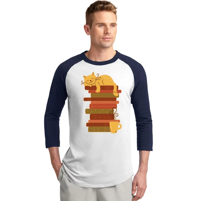 Cute Sleepy Cat On Book Stack And Coffee Tea Baseball Sleeve Shirt