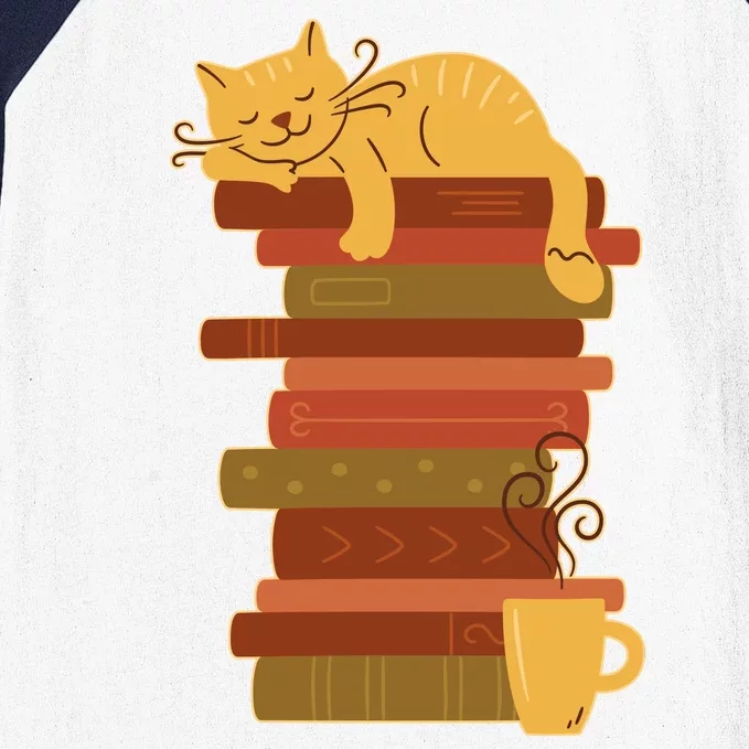 Cute Sleepy Cat On Book Stack And Coffee Tea Baseball Sleeve Shirt