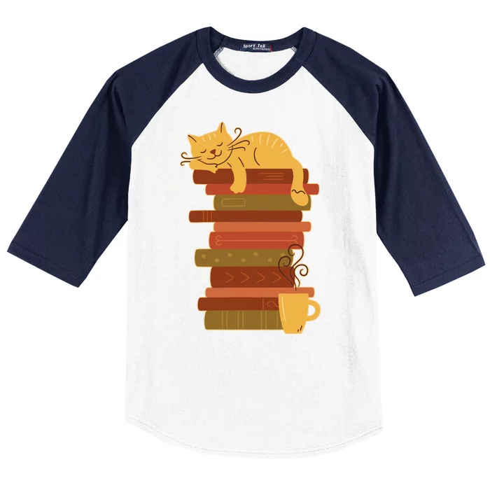 Cute Sleepy Cat On Book Stack And Coffee Tea Baseball Sleeve Shirt