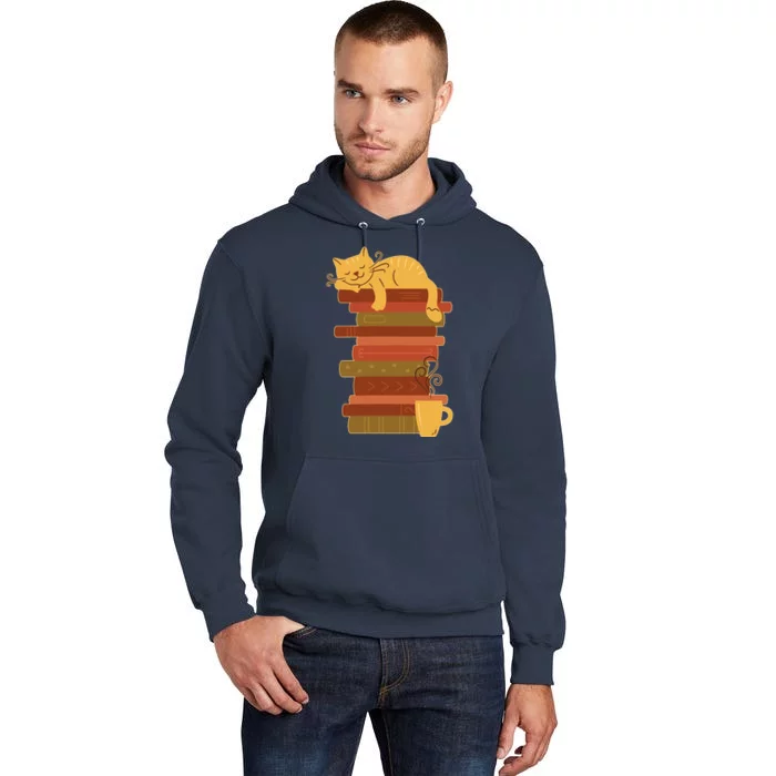 Cute Sleepy Cat On Book Stack And Coffee Tea Tall Hoodie