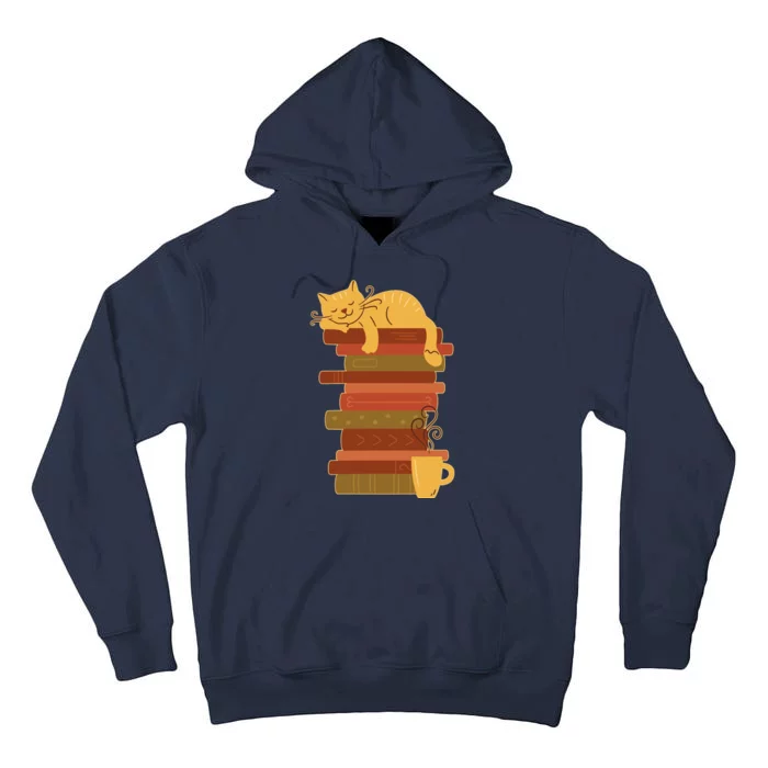 Cute Sleepy Cat On Book Stack And Coffee Tea Tall Hoodie