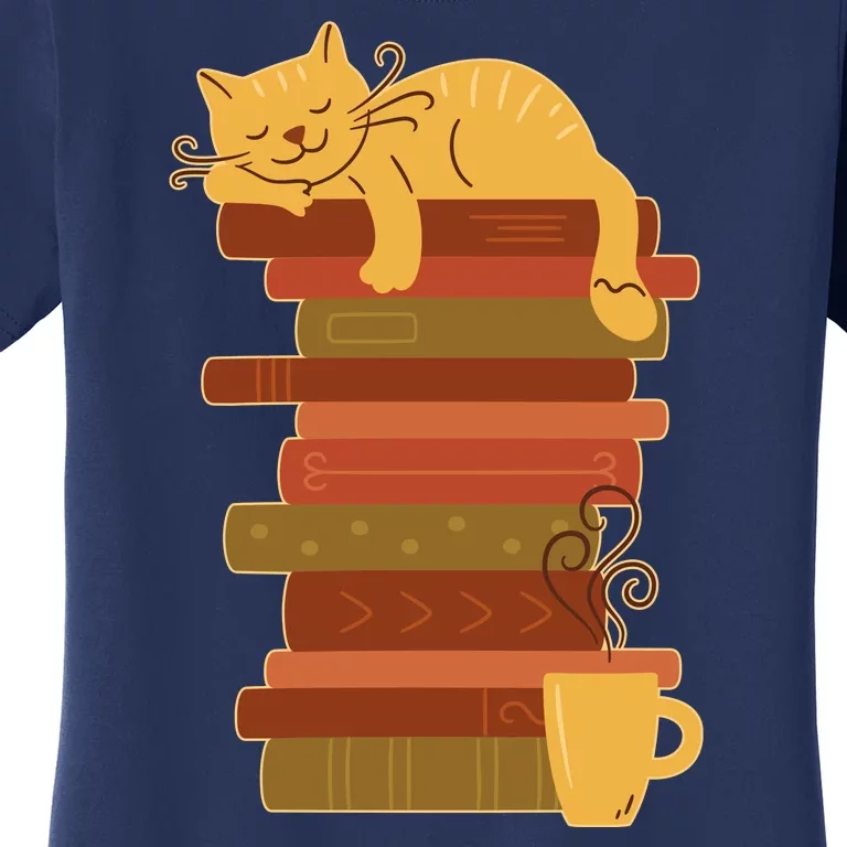 Cute Sleepy Cat On Book Stack And Coffee Tea Women's T-Shirt