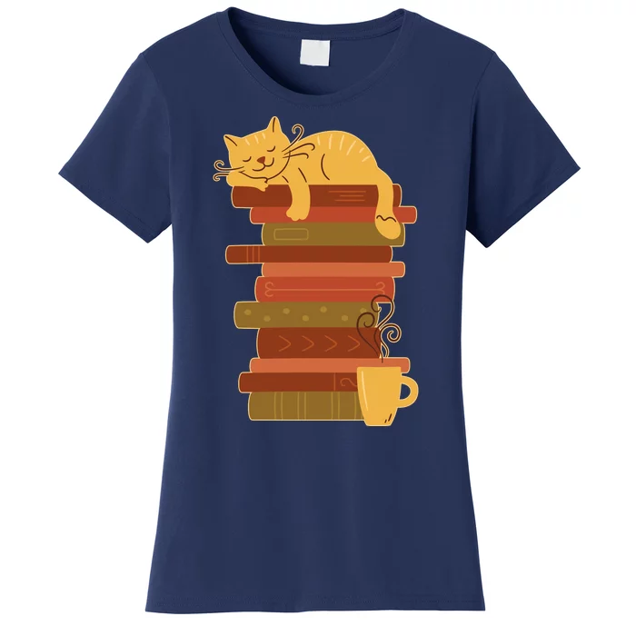 Cute Sleepy Cat On Book Stack And Coffee Tea Women's T-Shirt