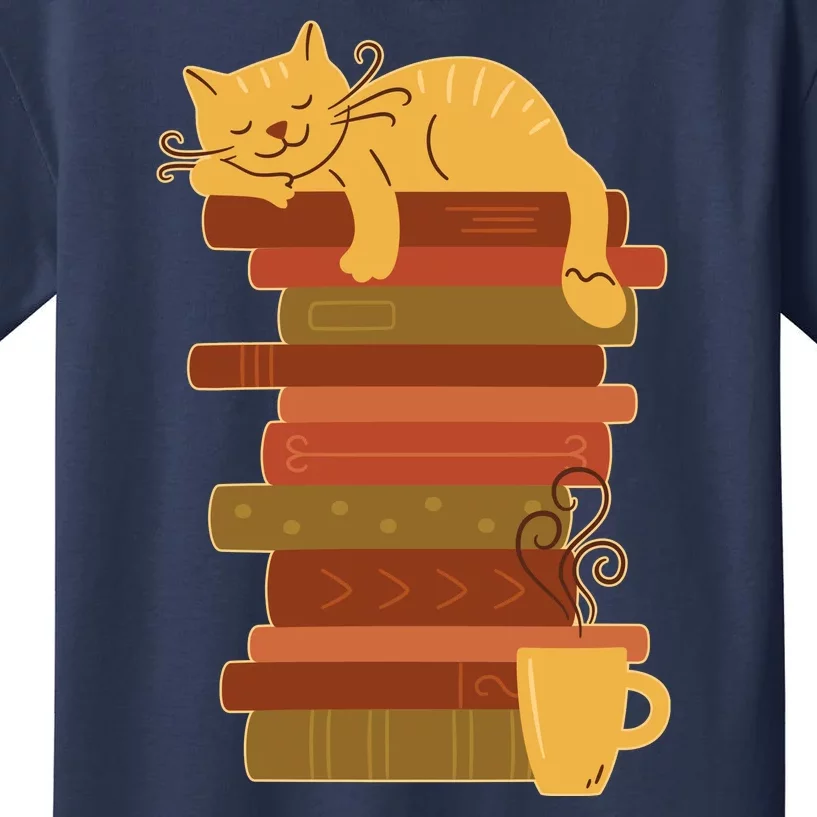 Cute Sleepy Cat On Book Stack And Coffee Tea Kids T-Shirt