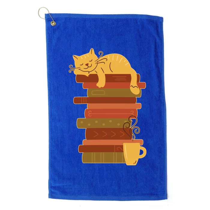 Cute Sleepy Cat On Book Stack And Coffee Tea Platinum Collection Golf Towel