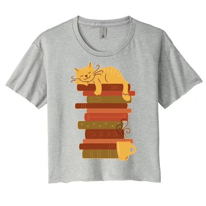 Cute Sleepy Cat On Book Stack And Coffee Tea Women's Crop Top Tee