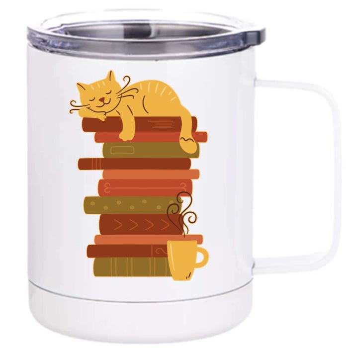 Cute Sleepy Cat On Book Stack And Coffee Tea Front & Back 12oz Stainless Steel Tumbler Cup