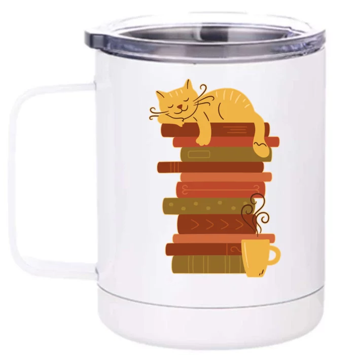 Cute Sleepy Cat On Book Stack And Coffee Tea Front & Back 12oz Stainless Steel Tumbler Cup