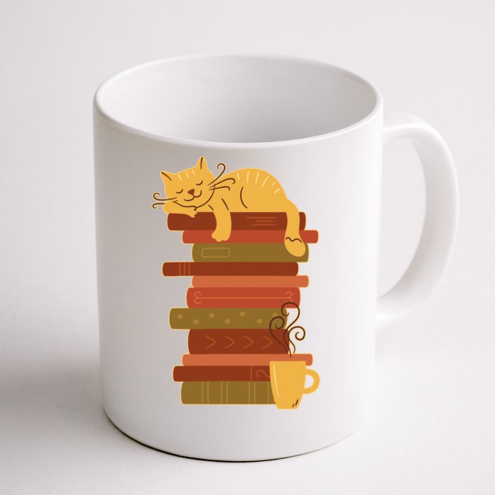 Cute Sleepy Cat On Book Stack And Coffee Tea Front & Back Coffee Mug