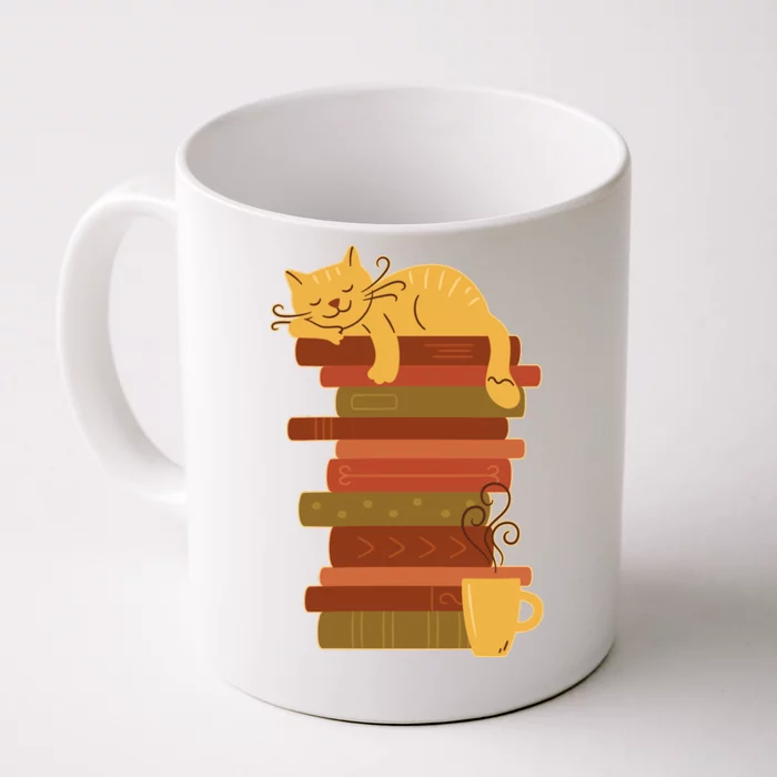 Cute Sleepy Cat On Book Stack And Coffee Tea Front & Back Coffee Mug