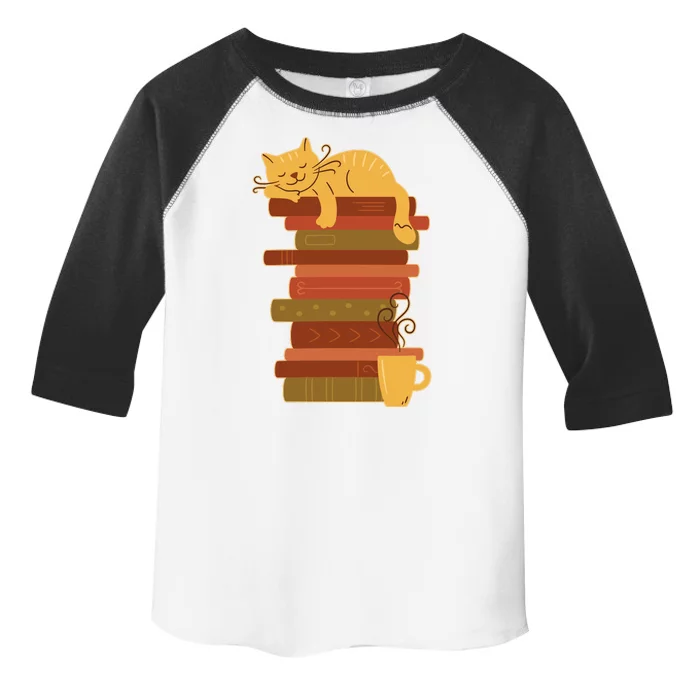 Cute Sleepy Cat On Book Stack And Coffee Tea Toddler Fine Jersey T-Shirt