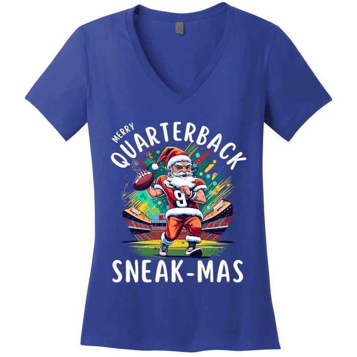 Christmas Santa Claus Football Player Sports Xmas Great Gift Women's V-Neck T-Shirt