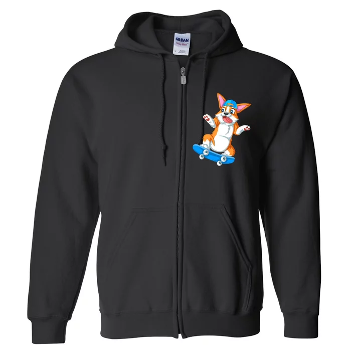 Corgi Skateboarding Full Zip Hoodie