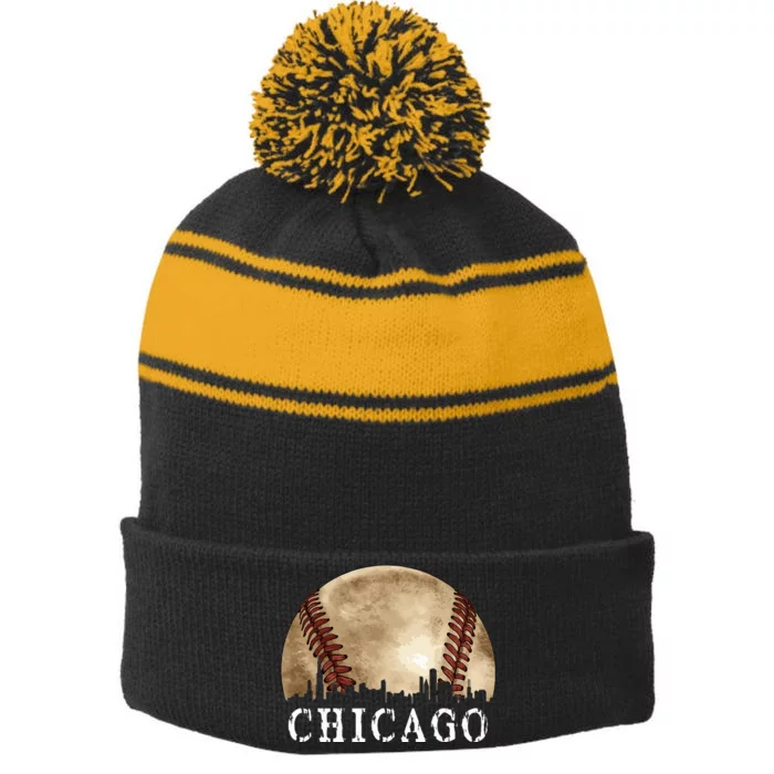 Chicago Skyline City Vintage Baseball Lover Stripe Pom Pom Beanie