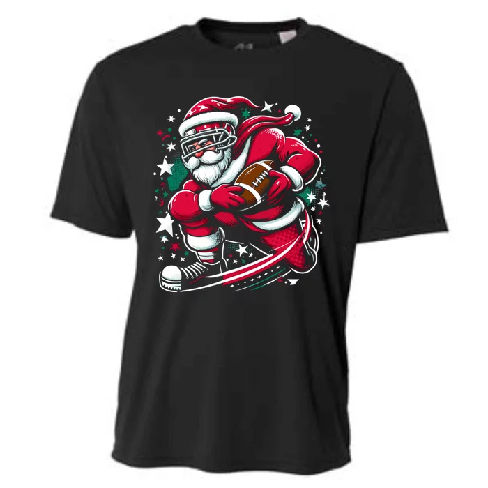 Christmas Santa Claus Playing American Football Ball Xmas Gift Cooling Performance Crew T-Shirt