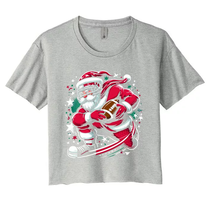 Christmas Santa Claus Playing American Football Ball Xmas Gift Women's Crop Top Tee