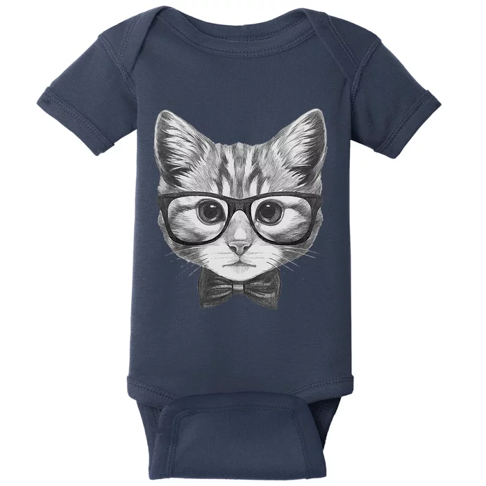 Cute Smart Cat Wearing Glasses Bow Tie Animal Lover Baby Bodysuit