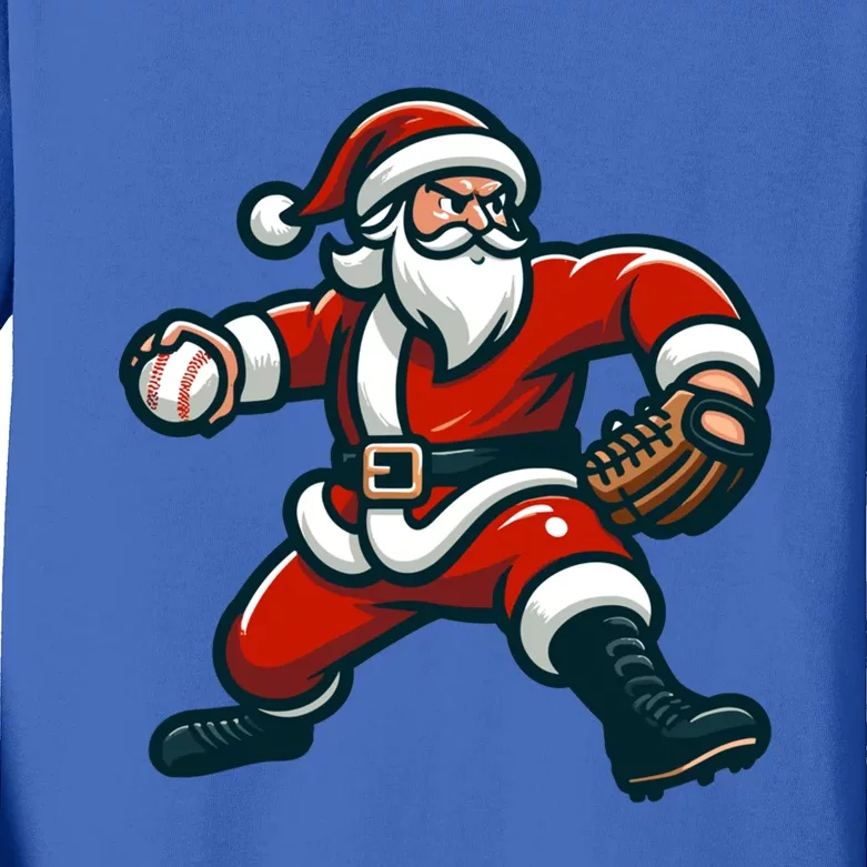 Christmas Santa Claus Throwing Baseball Santa Pitcher Gift Kids Long Sleeve Shirt