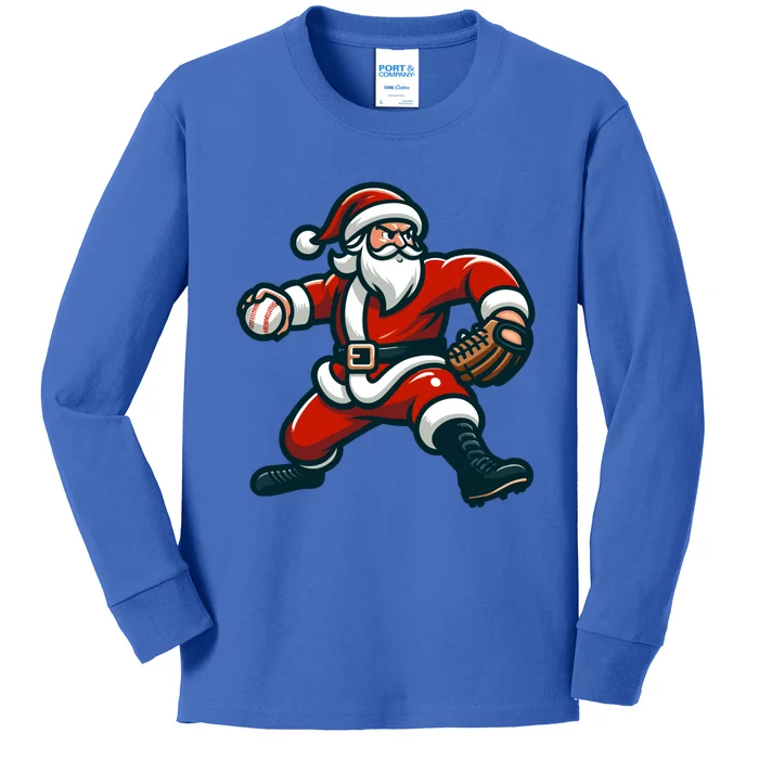 Christmas Santa Claus Throwing Baseball Santa Pitcher Gift Kids Long Sleeve Shirt