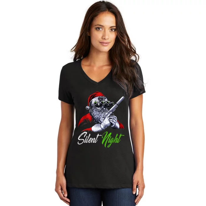 Christmas Santa Claus Guns Silent Night Santa Women's V-Neck T-Shirt