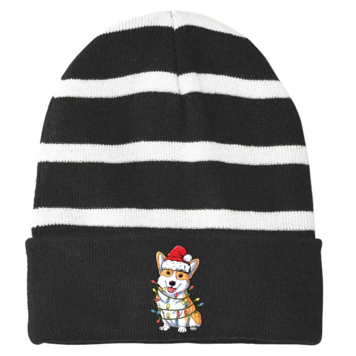 Corgi Santa Christmas Tree Lights Xmas Striped Beanie with Solid Band