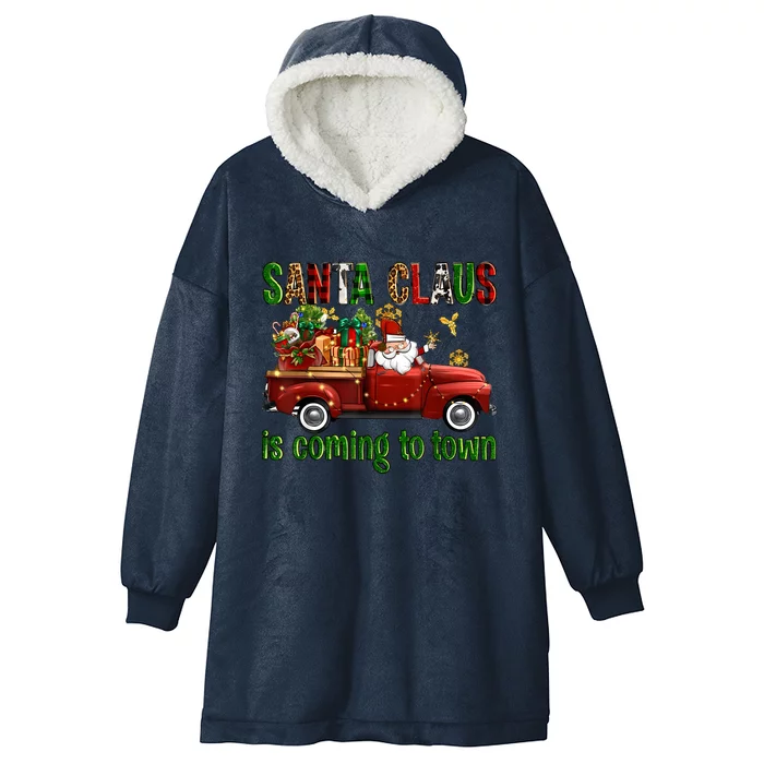 Christmas Santa Claus Is Coming To Town Xmas Red Truck Pjs Hooded Wearable Blanket