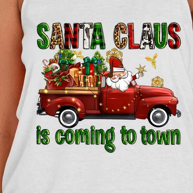 Christmas Santa Claus Is Coming To Town Xmas Red Truck Pjs Women's Knotted Racerback Tank