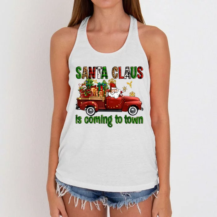 Christmas Santa Claus Is Coming To Town Xmas Red Truck Pjs Women's Knotted Racerback Tank