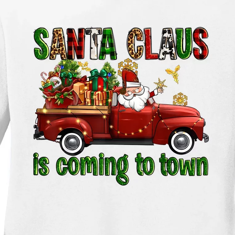 Christmas Santa Claus Is Coming To Town Xmas Red Truck Pjs Ladies Long Sleeve Shirt