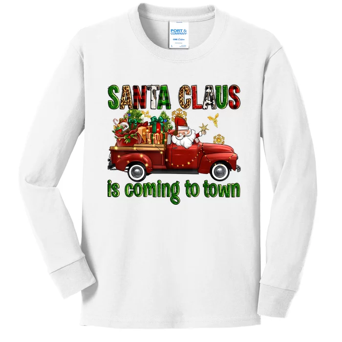 Christmas Santa Claus Is Coming To Town Xmas Red Truck Pjs Kids Long Sleeve Shirt