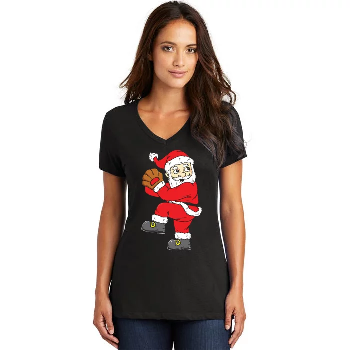 Christmas Santa Claus Baseball Pitcher Xmas Women's V-Neck T-Shirt