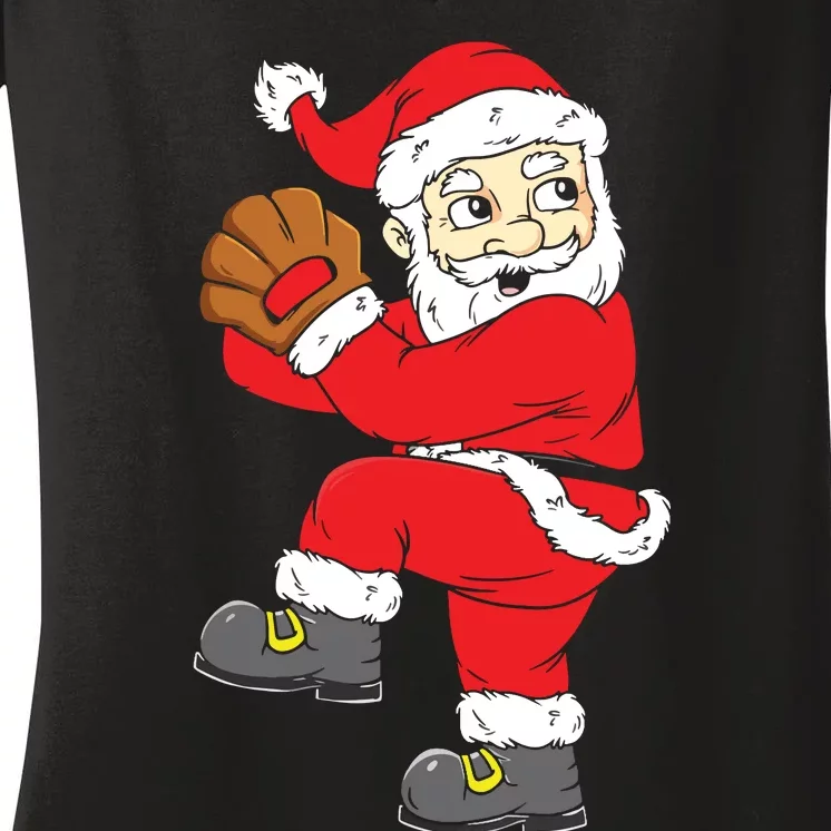 Christmas Santa Claus Baseball Pitcher Xmas Women's V-Neck T-Shirt