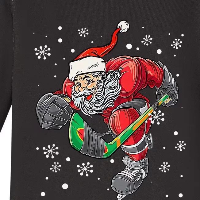 Christmas Santa Claus Player Ice Hockey Funny Baby Long Sleeve Bodysuit