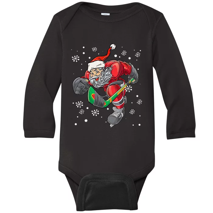 Christmas Santa Claus Player Ice Hockey Funny Baby Long Sleeve Bodysuit