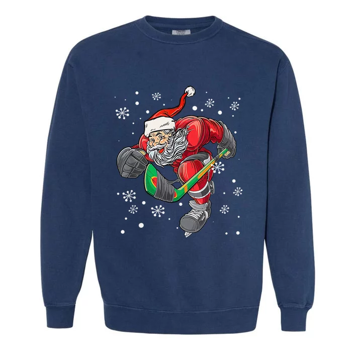 Christmas Santa Claus Player Ice Hockey Funny Garment-Dyed Sweatshirt