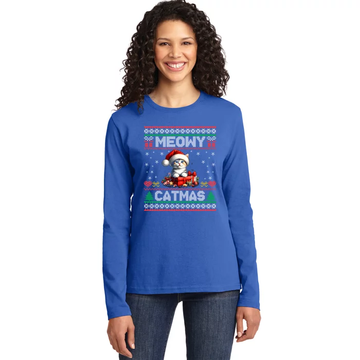 Cat Santa Christmas Kitten Xmas Ugly Meowy Catmas Ladies Long Sleeve Shirt