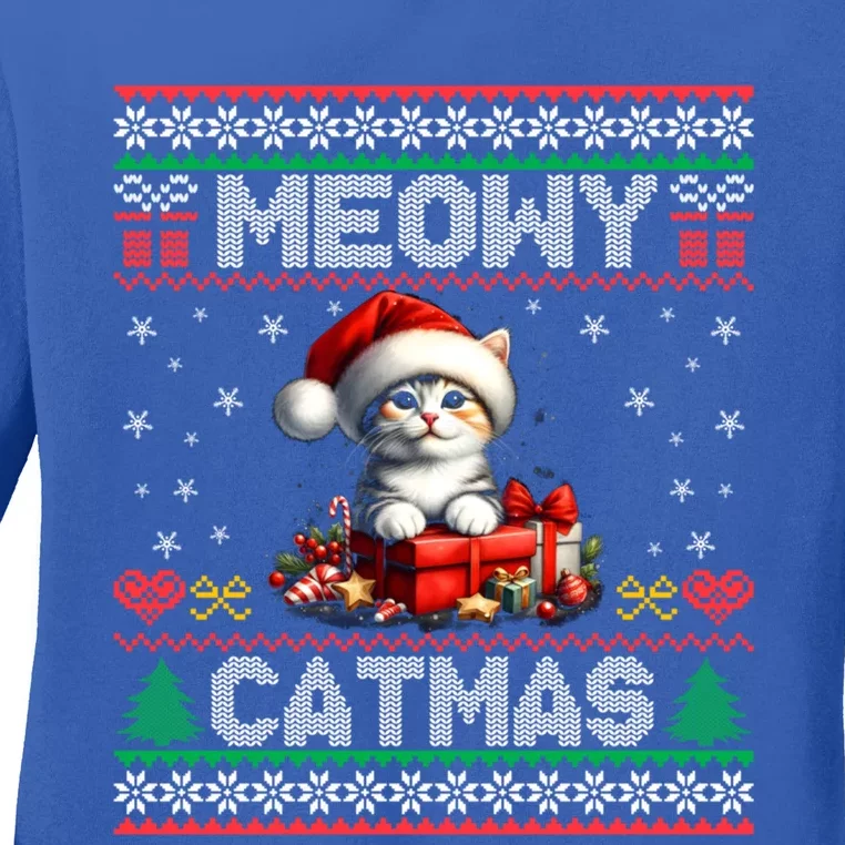 Cat Santa Christmas Kitten Xmas Ugly Meowy Catmas Ladies Long Sleeve Shirt