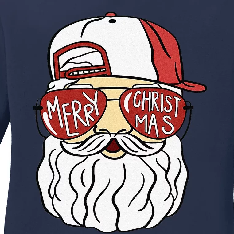 Cool Santa Claus Merry Christmas Glasses Xmas Pajamas Ladies Long Sleeve Shirt