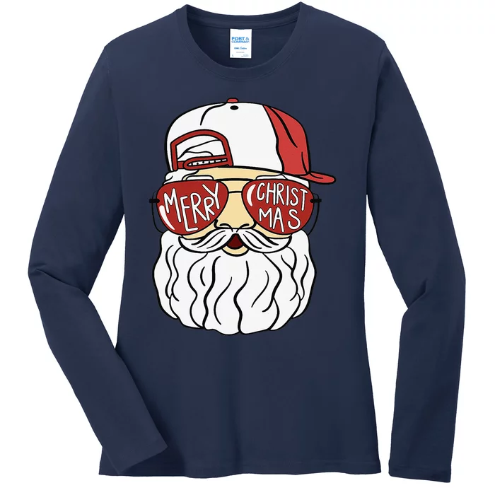 Cool Santa Claus Merry Christmas Glasses Xmas Pajamas Ladies Long Sleeve Shirt